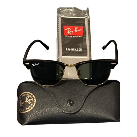 RAY BAN POLARIZED CLUBMASTER SUNGLASSES (49[]21mm) RB3016, 901/58, BLACK/GOLD - Picture 1 of 13